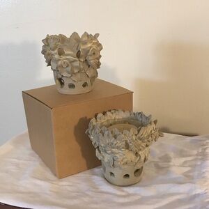 Floral Ceramic Pot Pair - Votive Holders With Bee Accents Taupe